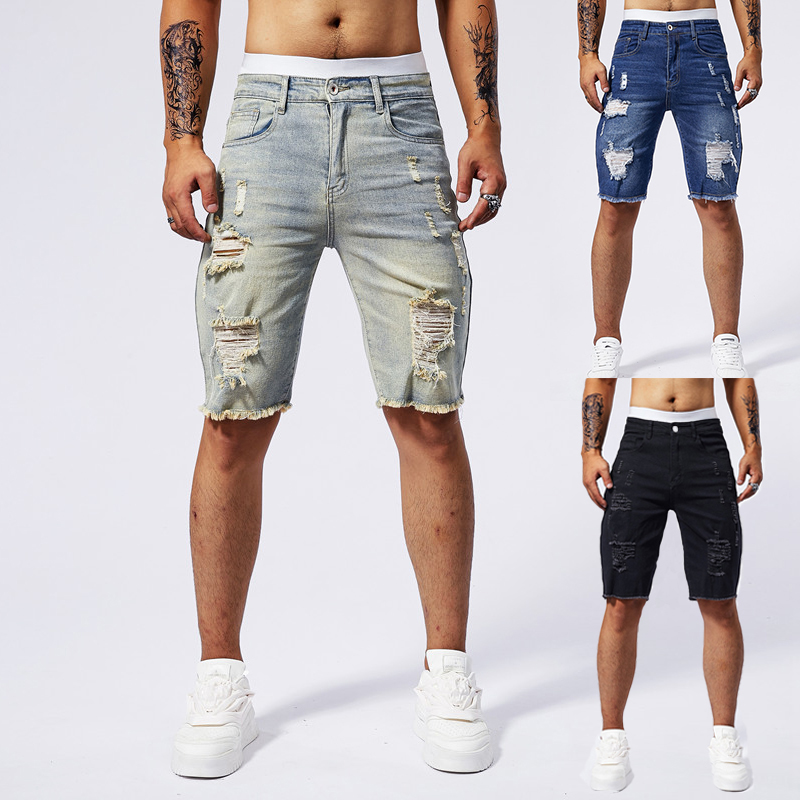 Men Fashion Jeans - Celana Pendek Denim Robek Pria Baru