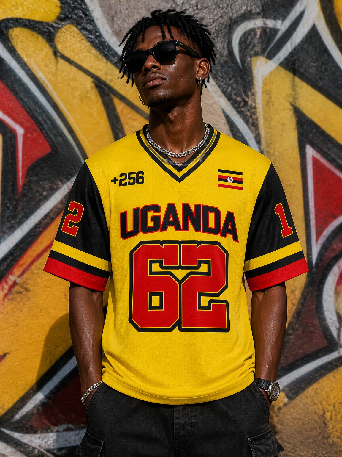 Men Fashion Uganda - Kaos V-Neck Satin Uganda, Pola Bendera